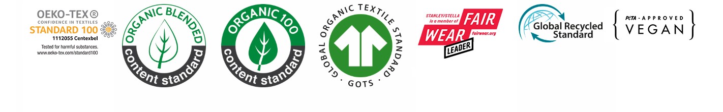 Logos des certifications de la marque Stanley/Stella : Oeko Tex, Organic 100, FairWear, GOTS, Global Recycled Standard, Peta Approved Vegan