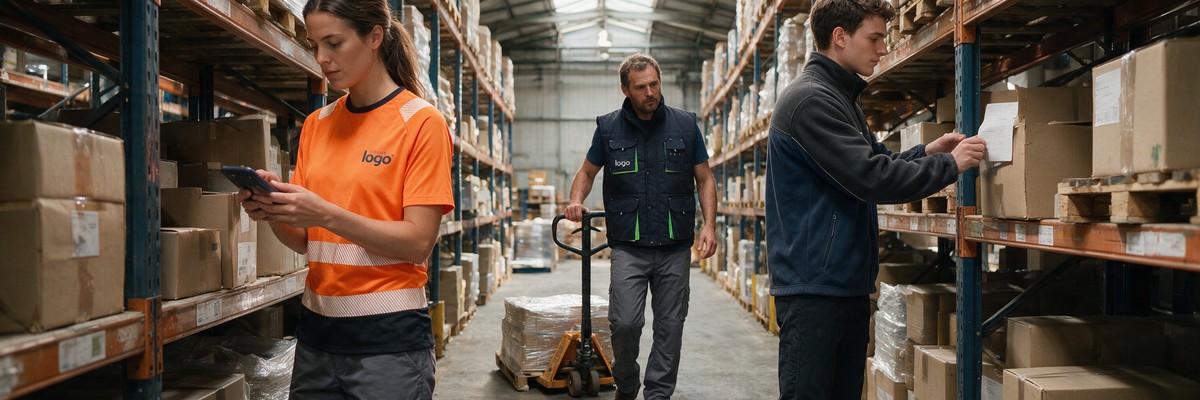 Tenue de travail logistique personnalisée, tee-shirt haute visibilité et gilet matelassé en entrepôt - mistertee.fr