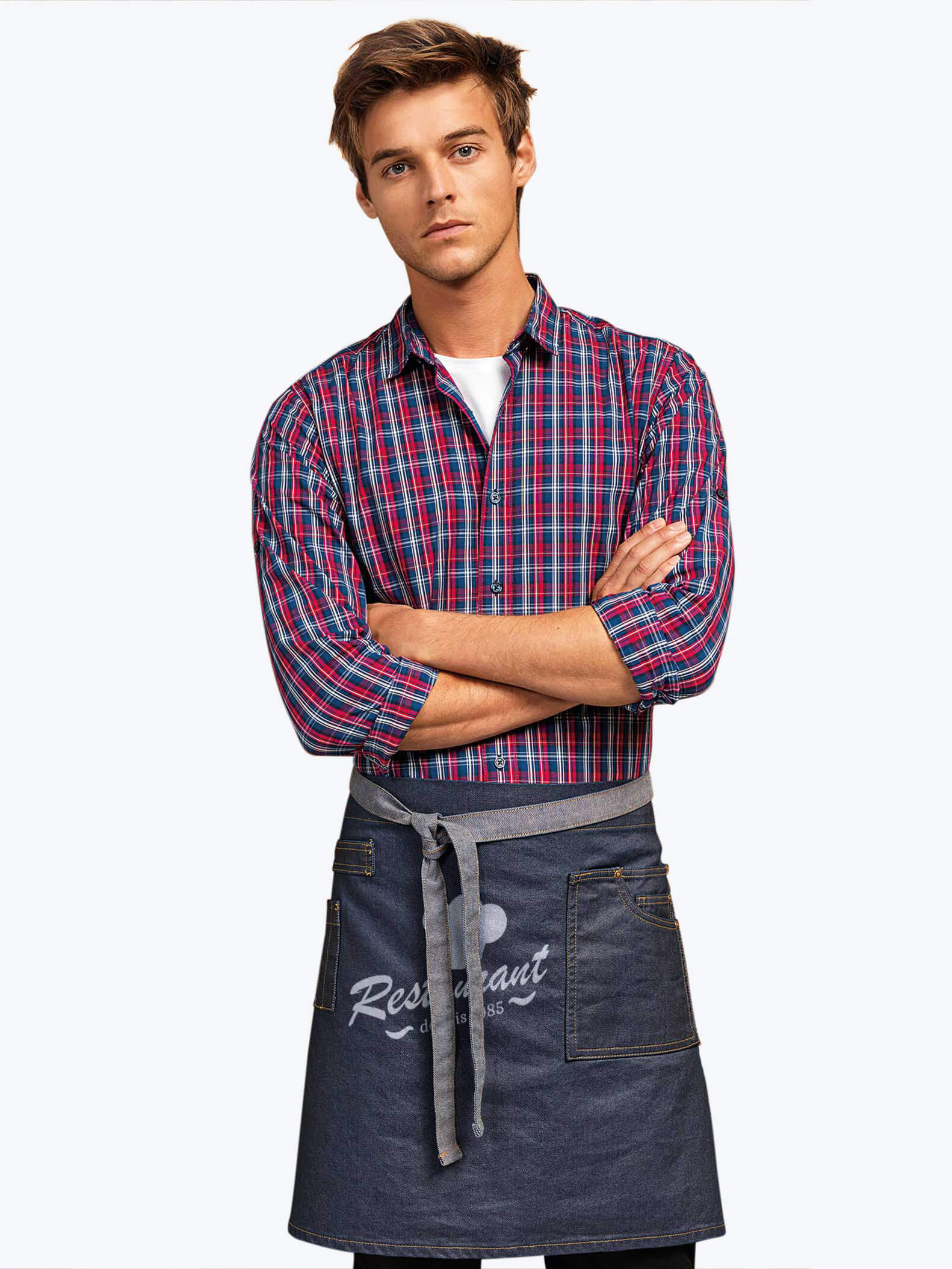 Tablier denim effet huilé mi-court à personnaliser