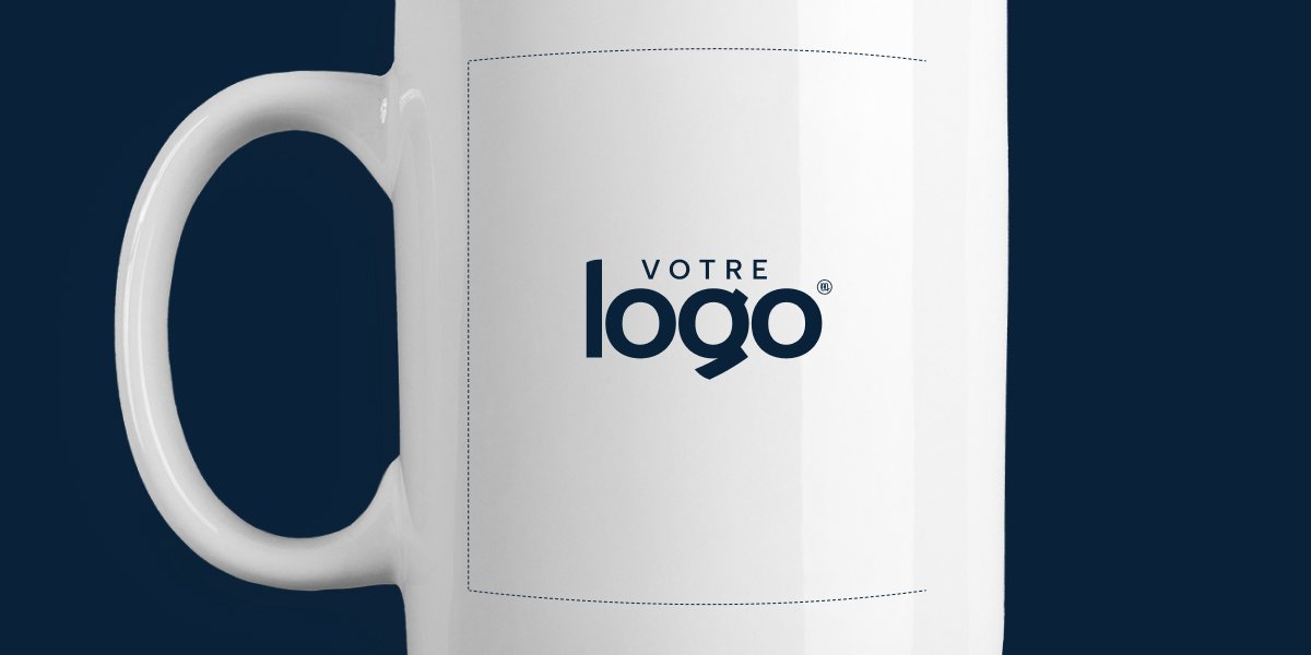 Visuel d'une tasse blanche avec une zone de personnalisation "votre logo" sur le devant