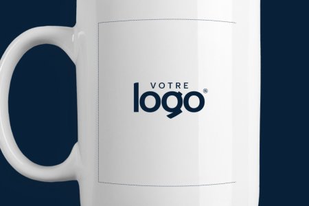 Visuel d'une tasse blanche avec une zone de personnalisation "votre logo" sur le devant