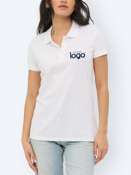 Polo femme Perfect Women en coloris blanc avec exemple de logo imprimé