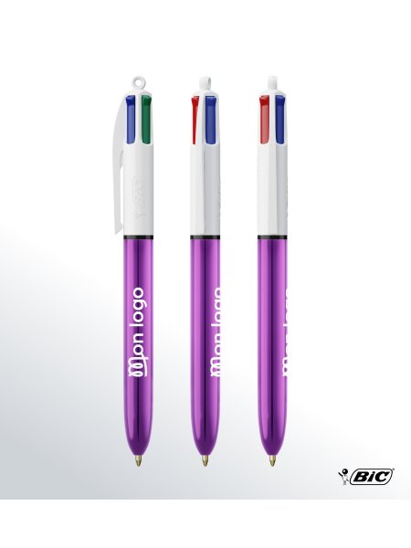 Stylo 4 couleurs Shine en coloris Blanc/Violet métallique avec exemple impression 360 degrés