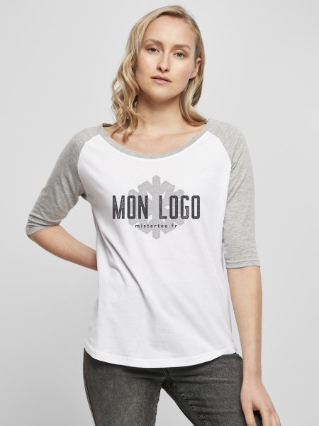 T-shirt pour femme style baseball avec manches 3/4 en coloris White/Heather Grey avec un exemple de logo imprimé sur la poitrine