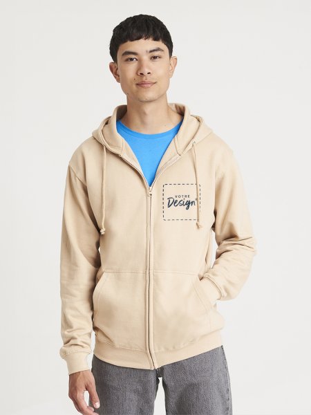 Sweat zippé unisexe à capuche JH050 en coloris Desert Sand avec votre design dans la zone de personnalisation