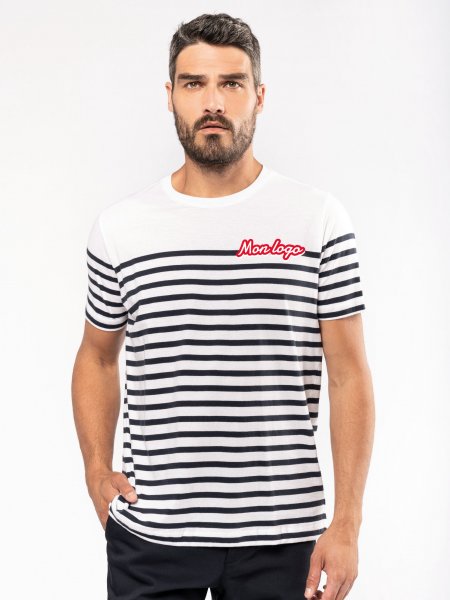 Exemple de log imprimé sur le tee-shirt marinière K3033 en coloris white / navys 