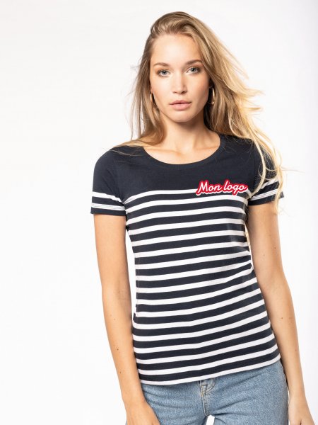 Exemple de logo imprimé sur le tee-shirt marinière pour femme K3034 en coloris navy / white