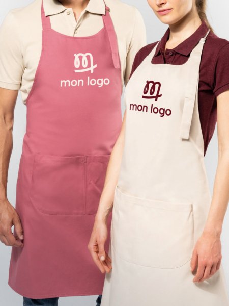 deux tabliers portés par une femme et un homme avec votre logo 