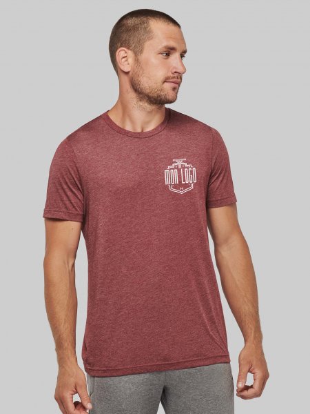 Exemple de logo floqué sur le coeur, tee shirt de sport triblend PA4011 en coloris Wine Heather