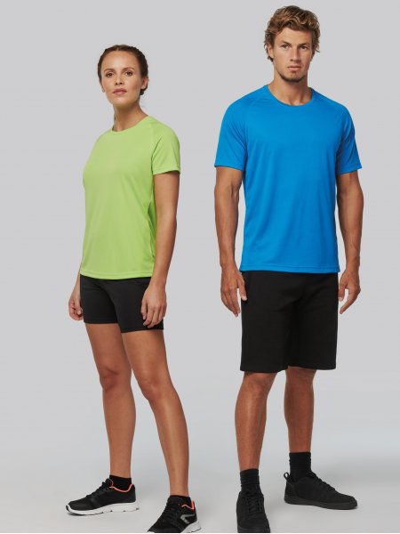 Tee shirt sport femme recyclé PA4013 en coloris Lime et t-shirt homme PA4012 en coloris Aqua Blue