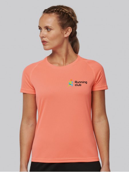 Tee shirt de sport pour femme en PA439 en coloris Coral avec exemple de logo floqué