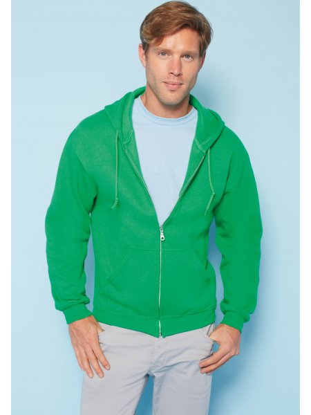 Le sweat zippé GI18600 à personnaliser en coloris Green Le mannequin homme porte le sweat zippé à capuche GI18600 personnalisable en coloris Green
