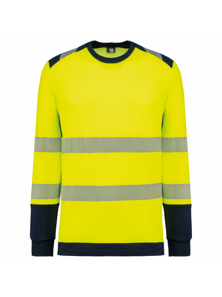 T-shirt de sécurité recyclé col rond manches longues unisexe personnalisable Hi Viz Yellow / Navy