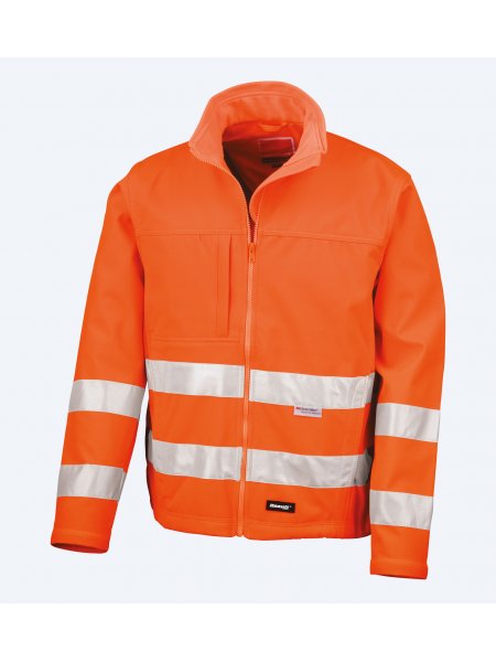 Packshot de la veste softshell haute visibilité R117 en coloris Safety Orange vu de face sur fond gris