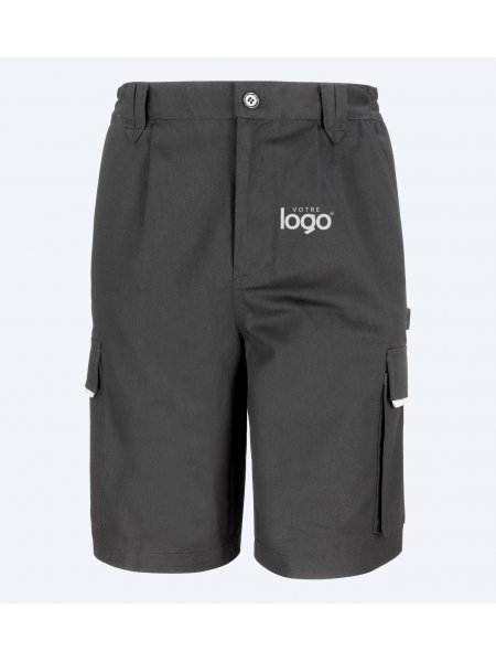 Packshot du short de travail multipoches R309X en coloris Black avec simulation de marquage logo sur la cuisse