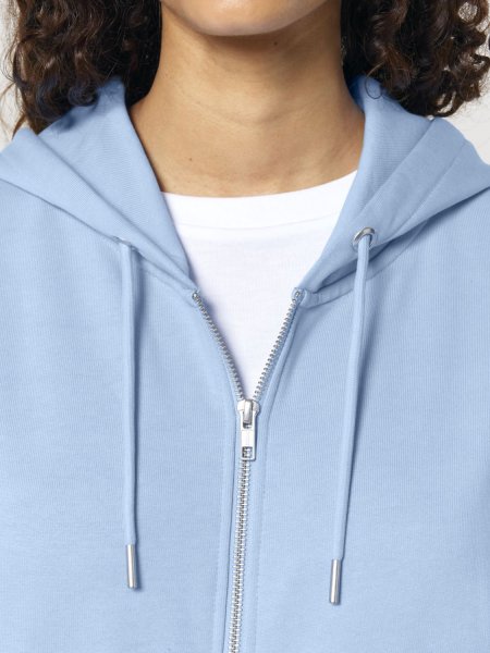 zoom sur col à capuche et finitions du sweatshirt à capuche zippé Cultivator 2.0 à personnaliser en coloris blue soul