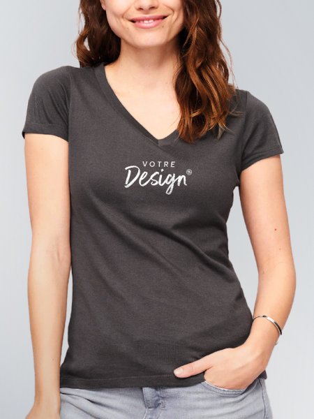 T shirt col V femme Moon en coloris Gris foncé avec votre design imprimé