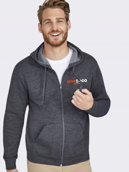 Sweat à capuche zippé Stone en coloris Anthracite chiné avec exemple de logo imprimé Sweat à capuche zippé Stone en coloris Anthracite chiné avec exemple de logo imprimé