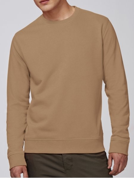 Le sweat STSU811 à personnaliser en coloris Camel Le mannequin homme porte le sweat à col rond en coton bio à personnaliser STSU811 en coloris Camel.