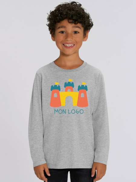 T-shirt manches longues pour enfant Mini Hopper en coloris Heather Grey avec exemple de logo imprimé