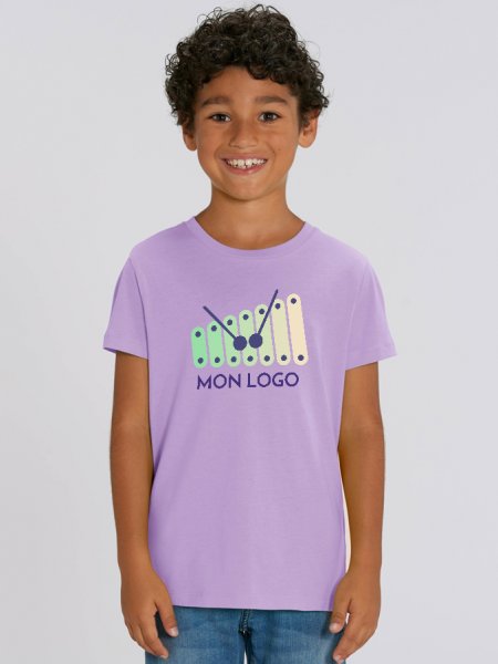 T-shirt bio manches courtes pour enfant Mini Creator en coloris Lavender Dawn avec exemple de logo imprimé