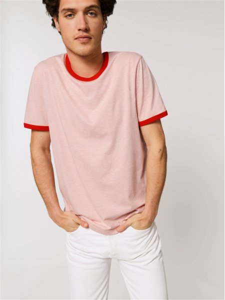 T-shirt à bords contrastés Ringer en coloris Cream Heather Pink /Bright Red