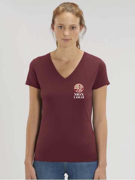 T-shirt col V femme Evoker en coloris Burgundy avec exemple de logo imprimé