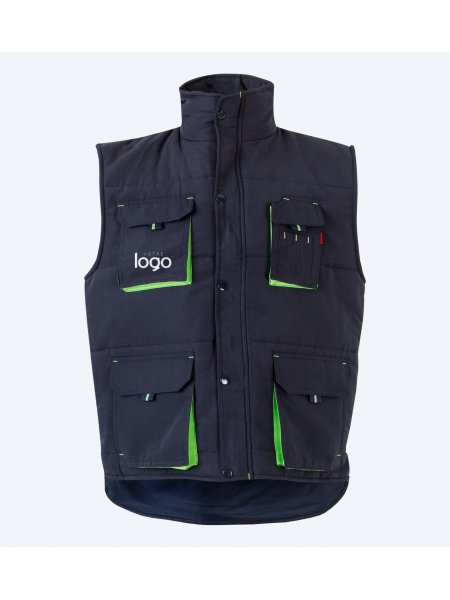 Packshot du gilet matelassé bicolore multipoches V5902 en coloris Navy / Lime avec simulation de marquage logo sur la poche poitrine