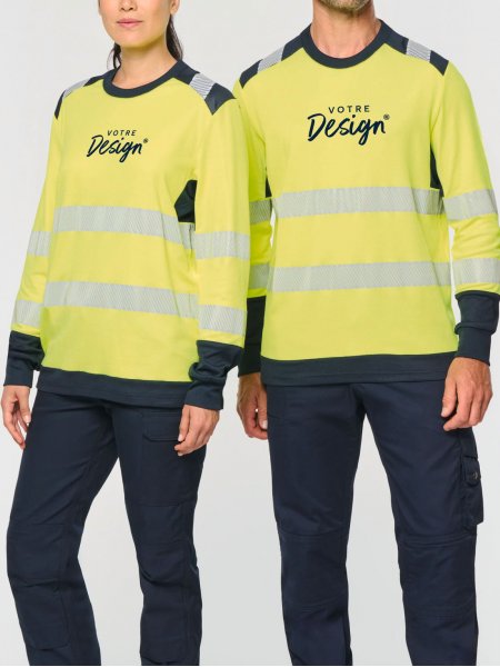 mannequin homme et femme de face portant le T-shirt de sécurité recyclé col rond manches longues unisexe personnalisable mannequin homme et femme de face portant le T-shirt de sécurité recyclé col rond manches longues unisexe personnalisable