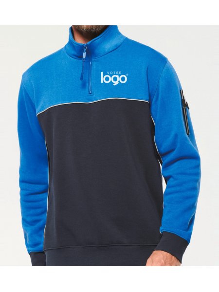 Sweat bicolore personnalisable WK404 en coloris Navy/Royal Blue avec exemple de logo blanc sur la poitrine