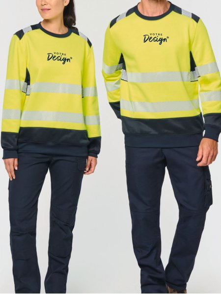 mannequin homme et mannequin femme de face portant le Sweat-shirt de sécurité recyclé col rond unisexe personnalisable mannequin homme et mannequin femme de face portant le Sweat-shirt de sécurité recyclé col rond unisexe personnalisable