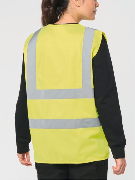 mannequin femme de dos portant le Gilet adulte haute visibilité unisexe personnalisable mannequin femme de dos portant le Gilet adulte haute visibilité unisexe personnalisable