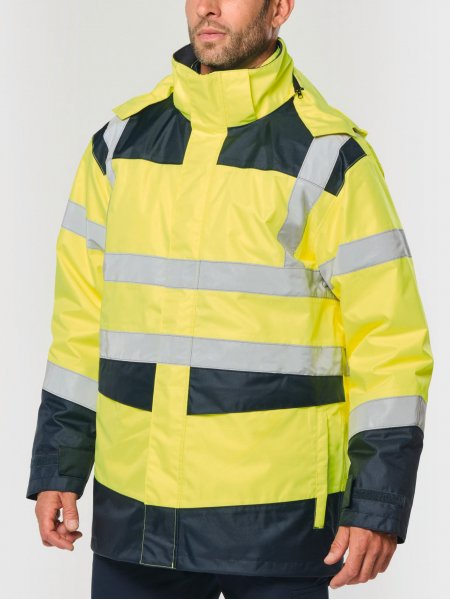 mannequin homme de face portant la Parka de sécurité recyclée 4 en 1 unisexe personnalisable mannequin homme de face portant la Parka de sécurité recyclée 4 en 1 unisexe personnalisable