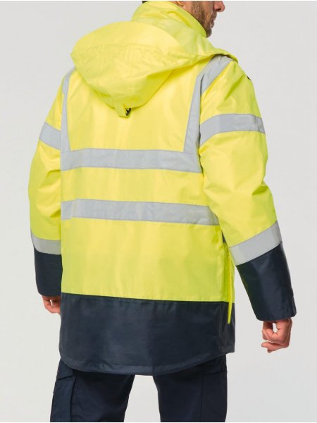 mannequin homme de dos portant la Parka de sécurité recyclée 4 en 1 unisexe personnalisable mannequin homme de dos portant la Parka de sécurité recyclée 4 en 1 unisexe personnalisable