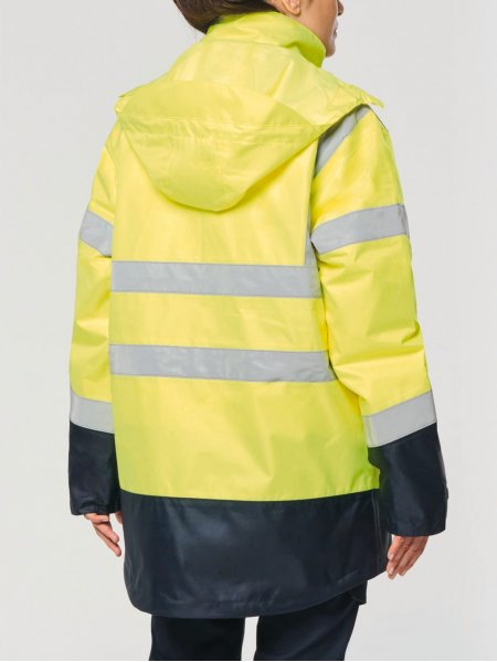 mannequin femme de dos portant la Parka de sécurité recyclée 4 en 1 unisexe personnalisable mannequin femme de dos portant la Parka de sécurité recyclée 4 en 1 unisexe personnalisable