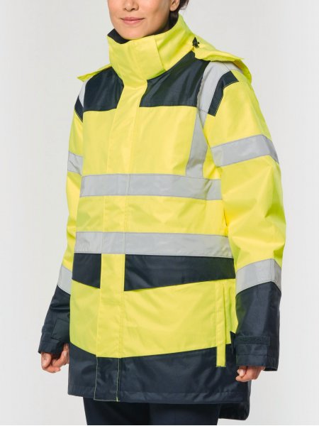 mannequin femme de face portant la Parka de sécurité recyclée 4 en 1 unisexe personnalisable mannequin femme de face portant la Parka de sécurité recyclée 4 en 1 unisexe personnalisable