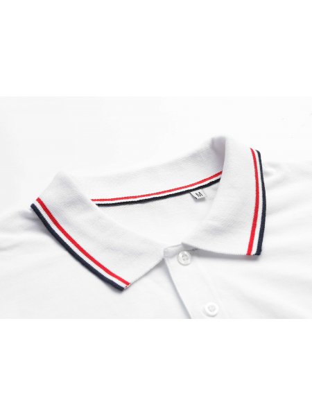 Liserés tricolore bleu blanc rouge sur le col du polo Prestige en coloris blanc