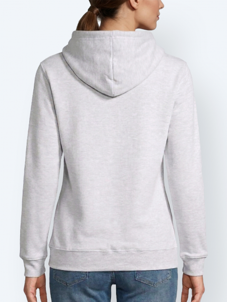 Mannequin femme de dos portant le sweat condor à capuche unisexe en couleur gris chine Mannequin femme de dos portant le sweat condor à capuche unisexe en couleur gris chine