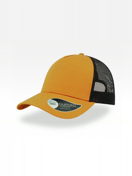 Casquette trucker premium AT085 à personnaliser, coloris moutarde et noir, vue de trois quarts