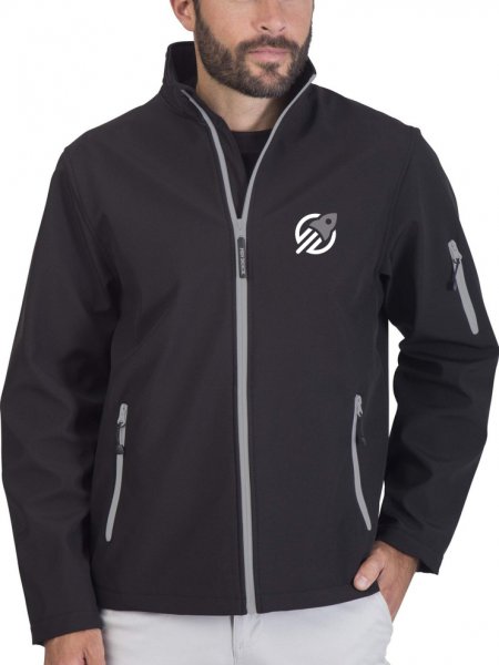 La veste softshell PK768 à personnaliser en coloris Black Silver Le mannequin homme porte la veste softshell zippée bicolore PK768 à personnaliser en coloris Black Silver
