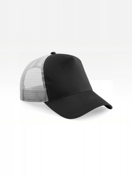 Casquette trucker BF640 de trois quarts Casquette trucker filet BF640 à personnaliser, coloris noir et gris, vue de trois quarts