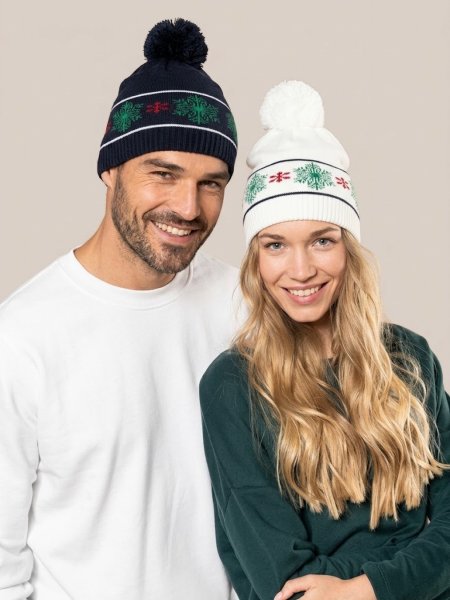 Bonnet de Noël à personnaliser KP558 porté en duo, Night Navy et Off White