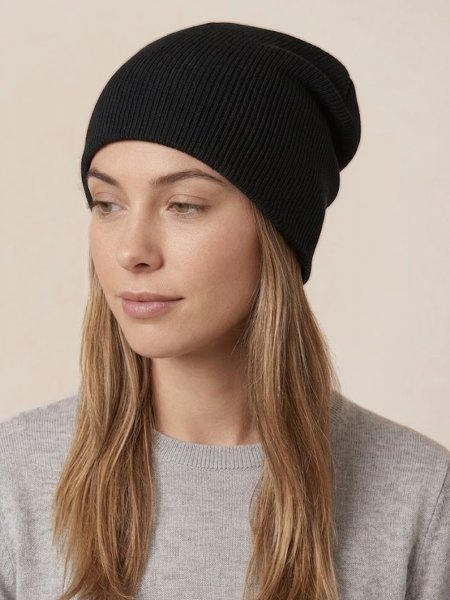 Bonnet slouch beanie B461 Black porté par une femme