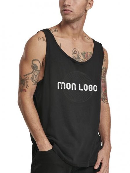 Débardeur ample pour homme BY003 en coloris Black avec un exemple de logo imprimé Débardeur ample pour homme BY003 en coloris Black avec un exemple de logo imprimé sur la poitrine