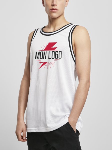 Débardeur pour homme style maillot de basket BY009 en coloris White avec un exemple de logo floqué Débardeur pour homme style maillot de basket BY009 en coloris White avec un exemple de logo floqué sur la poitrine