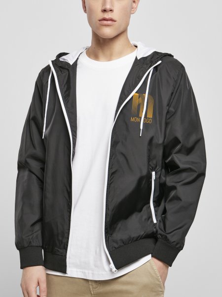 Exemple de logo floqué sur la veste coupe-vent personnalisable BY016 en coloris Black/White Exemple de logo floqué sur la veste coupe-vent personnalisable BY016 en coloris Black/White