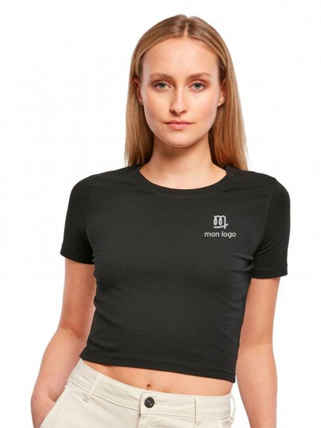 T-shirt crop top femme personnalisable BY042 en coloris Black avec logo T-shirt crop top femme personnalisable BY042 en coloris Black avec logo