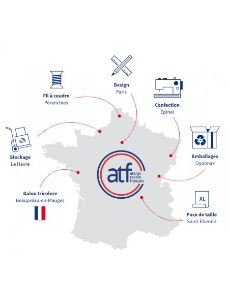 Carte de France des différents lieux de production des t-shirts de la marque Atelier du Textile Français Carte de France des différents lieux de production des t-shirts de la marque Atelier du Textile Français