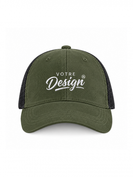 Exemple de marquage personnalisé sur la casquette Trucker Bryce AT220, coloris Trucker Bryce Exemple de marquage personnalisé sur la casquette Trucker Bryce AT220, coloris Trucker Bryce