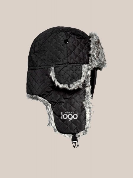 Exemple de marquage DTG « Votre logo » sur la chapka personnalisée en coloris Grey / Black, vue de profil